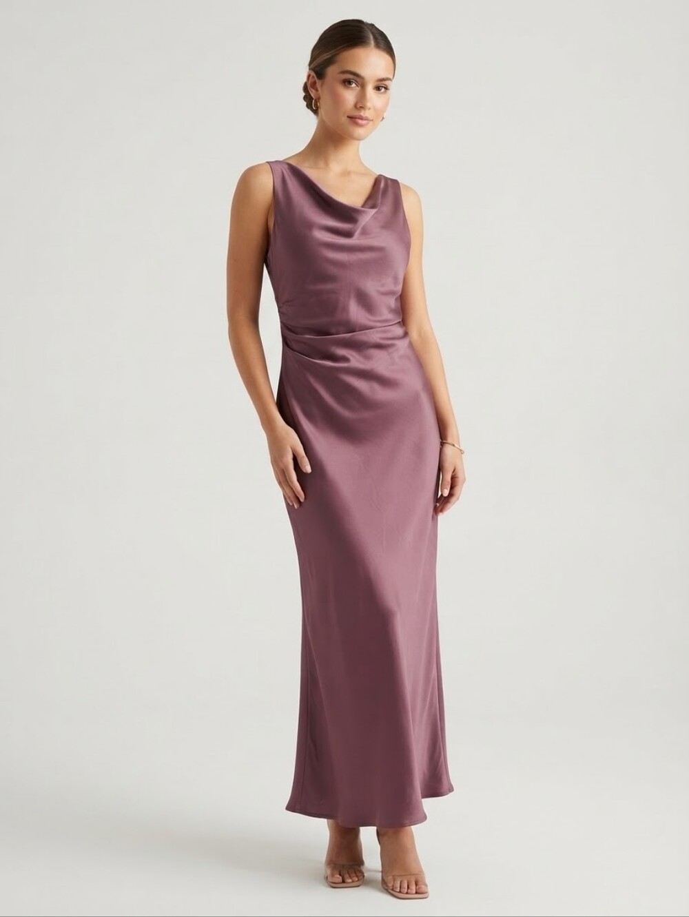 NEW Mauve Sleeveless Cowl Neck Satin Maxi Dress Sz S/P